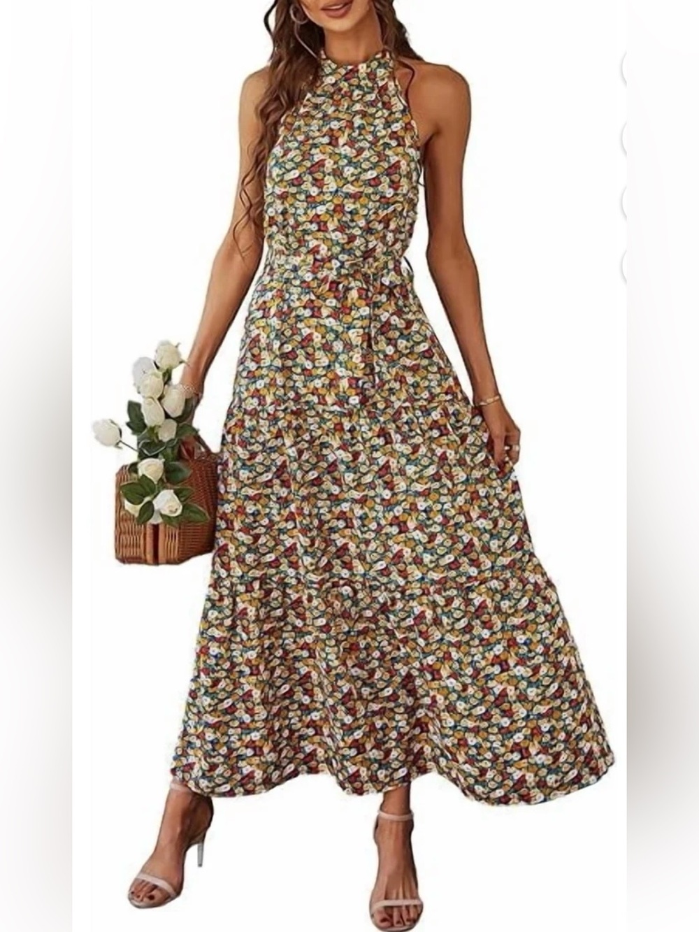 PrettyGarden Women's Floral Maxi Dress Flowy Sleeveless HalterNeck w/Belt LG
